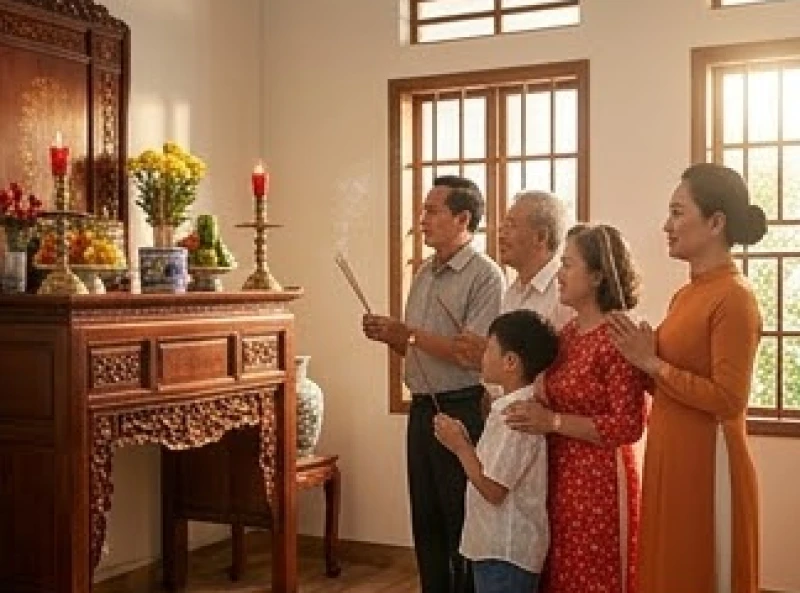 Gia đình sum vầy thắp hương trước ban thờ gia tiên vào chiều cuối năm