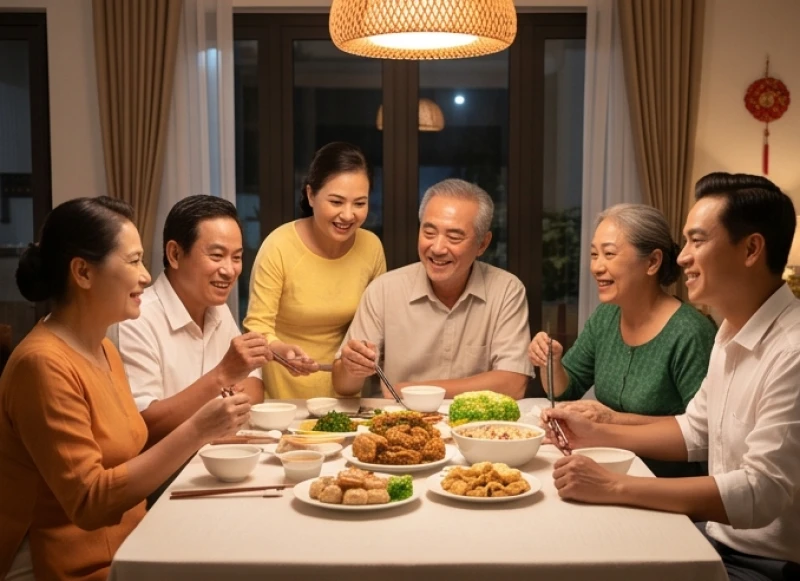 Bữa cơm gia đình đa thế hệ đầm ấm phản ánh sự viên mãn của tuổi Giáp Dần