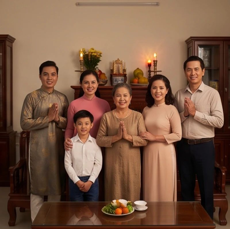 Gia đình ba thế hệ cùng nhau đứng trang nghiêm trước ban thờ trong ngày giỗ chạp