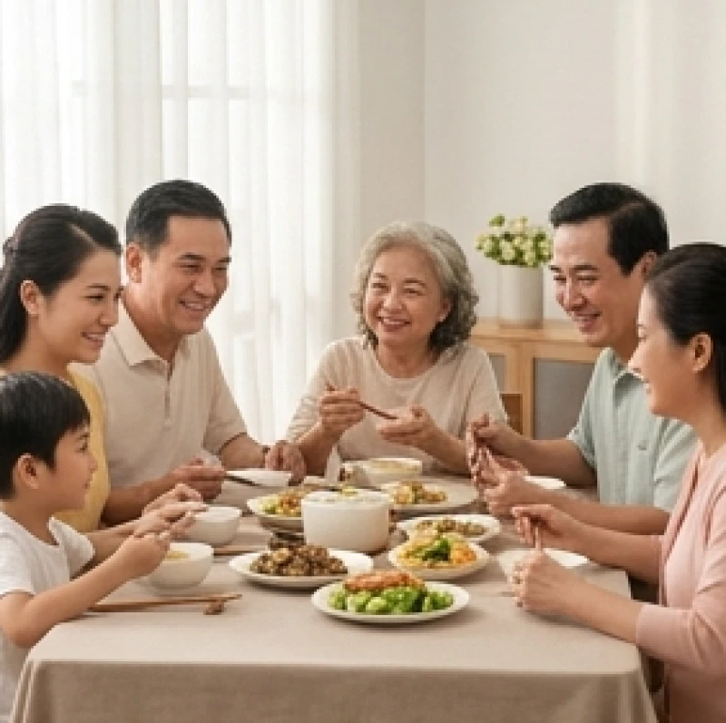 Đại gia đình ba thế hệ cùng nhau quây quần vui vẻ bên mâm cơm ấm cúng cuối tuần