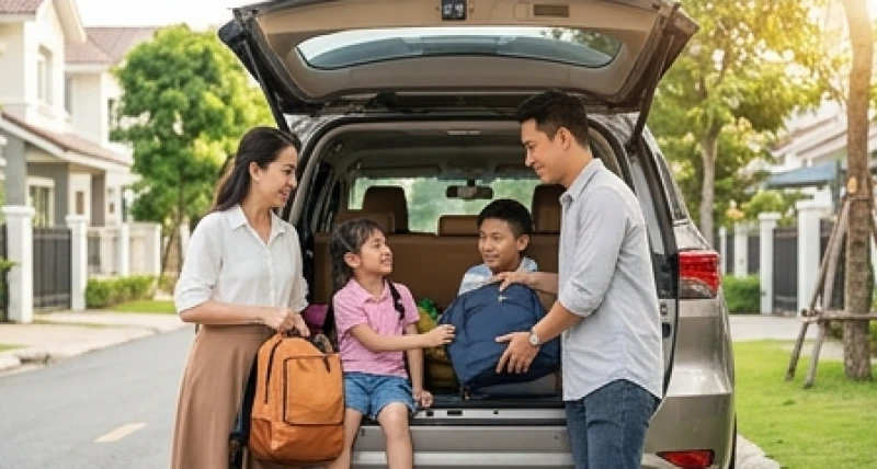 Gia đình nhỏ vui vẻ cất đồ vào cốp chiếc xe gia đình chuẩn bị cho chuyến đi cuối tuần an toàn