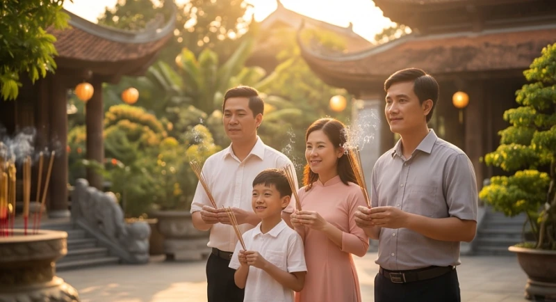 Mơ Thấy Đi Chùa: Giải Mã Điềm Báo, Cách Hóa Giải & Con Số Lộc 4 Các thành viên trong gia đình cùng nhau dâng hoa quả và thắp nhang cầu bình an tại sân chùa