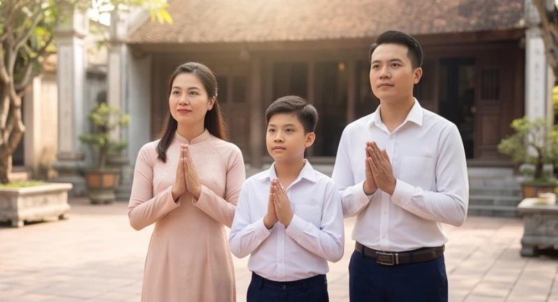 Văn khấn tạ lễ bán khoán: Bài cúng chuộc con đúng nghi thức 2 Cha mẹ cùng cậu con trai khoảng mười ba tuổi đứng chắp tay trang nghiêm trước khoảng sân chùa thanh tịnh
