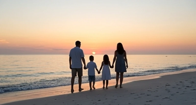 Một gia đình nhỏ cùng nhau đi dạo trên bãi biển lúc hoàng hôn, phản ánh mong muốn gắn kết tình cảm chân thành