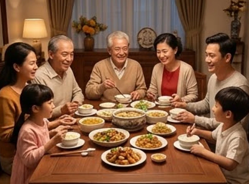 Các thành viên trong gia đình quây quần ấm cúng bên mâm cơm truyền thống dịp cuối năm