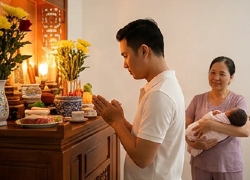 Người cha đứng trước bàn thờ đọc văn khấn trong khi người bà đang bế em bé sơ sinh trang nghiêm đứng lùi phía sau