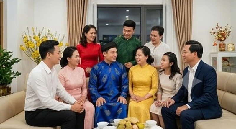 Các thành viên gia đình quây quần ấm cúng trong phòng khách đêm 30 Tết