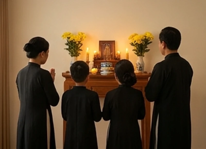 Văn khấn 49 ngày tại nhà: Bài cúng chuẩn và trình tự sắm lễ 9 Các thành viên trong gia đình ăn mặc chỉnh tề, đứng tề tựu trang nghiêm trước bàn thờ