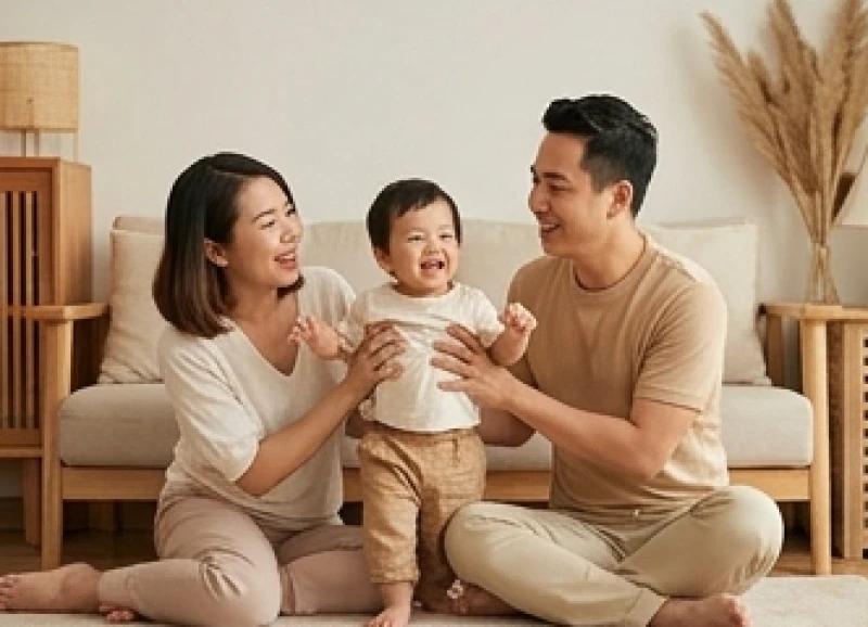Vợ chồng cùng nhau chơi đùa với con nhỏ trong phòng khách ấm cúng