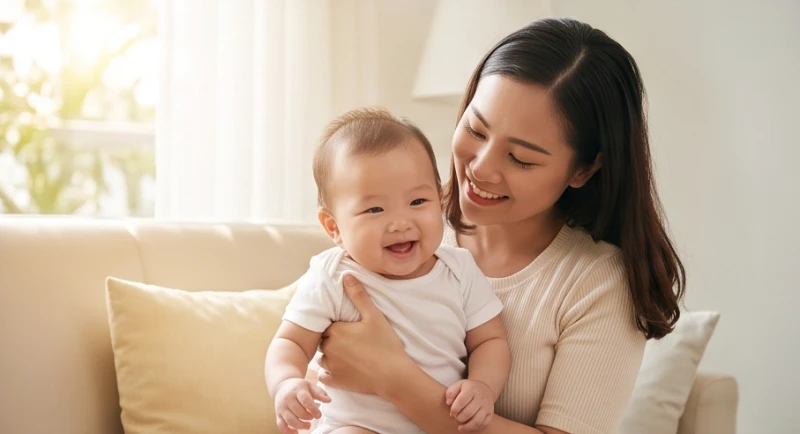 Người mẹ trẻ nở nụ cười tươi tắn khi âu yếm bế đứa con nhỏ trong không gian ấm áp
