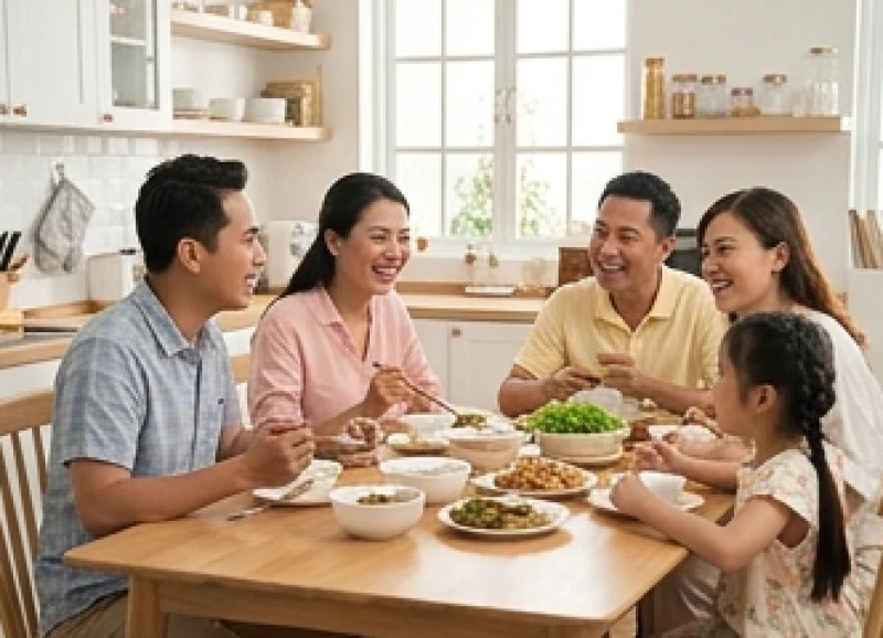 Bữa ăn gia đình đầm ấm ngập tràn tiếng cười của các thành viên
