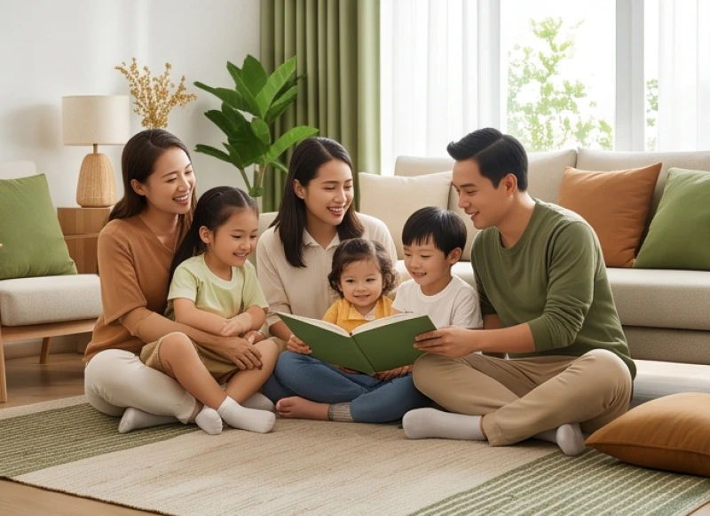 Gia đình nhỏ hạnh phúc đang cùng nhau đọc sách trong phòng khách ngập tràn ánh sáng