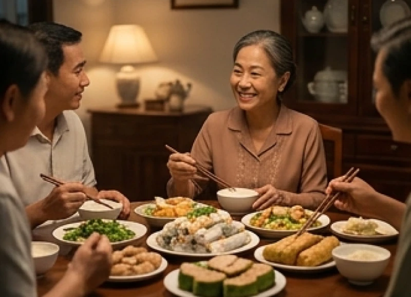 Bữa cơm gia đình đầm ấm có sự xuất hiện của chị dâu tượng trưng cho hòa khí và sự êm ấm trong nhà