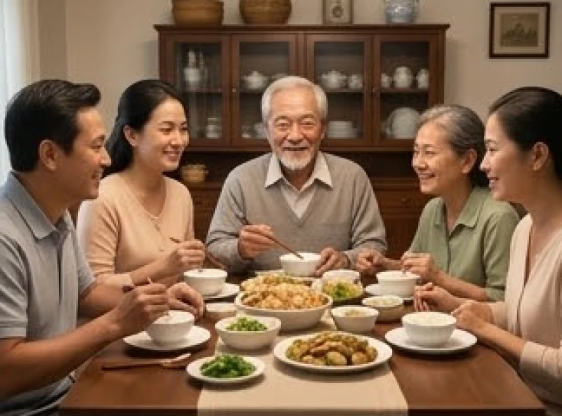 Gia đình quây quần vui vẻ bên mâm cơm ấm cúng cùng người lớn tuổi, tạo không khí hòa thuận