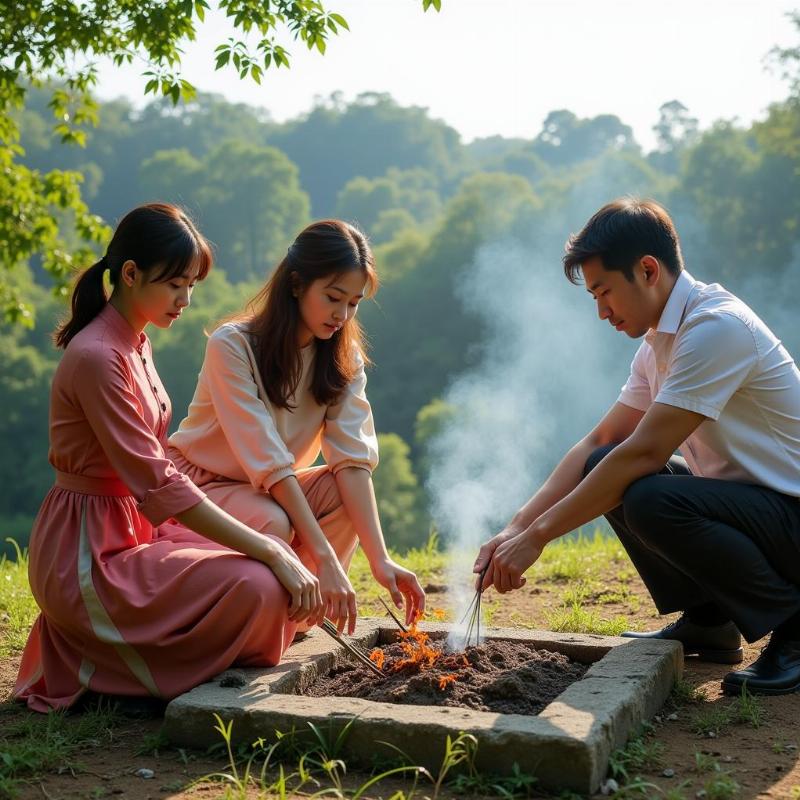 Gia đình làm lễ tại mộ phần