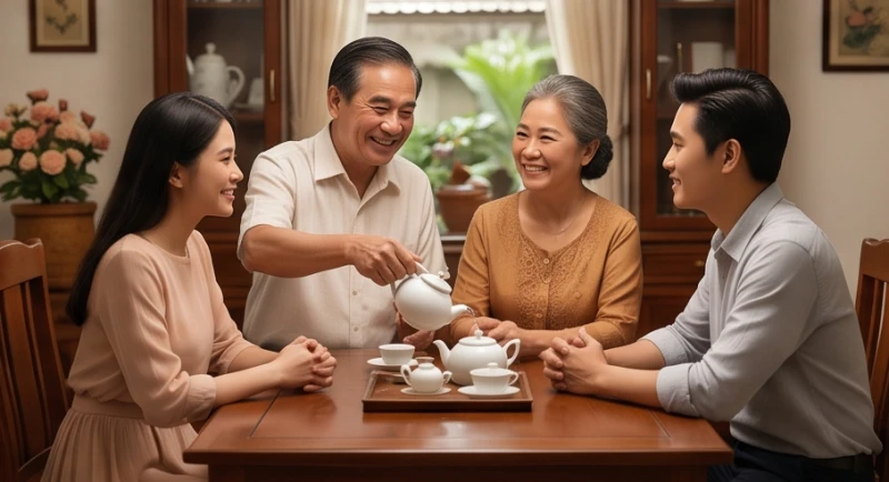 Bố mẹ người yêu cười tươi rạng rỡ và niềm nở rót trà mời cặp đôi trong phòng khách