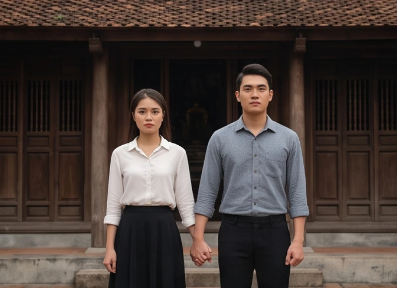 Cặp đôi nắm chặt tay nhau đứng trước ngôi nhà truyền thống Việt Nam thể hiện sự kiên định