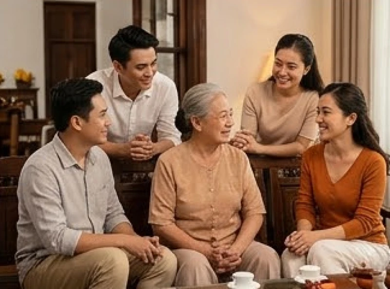 Con cháu sum vầy trò chuyện và cẩn thận lắng nghe những câu chuyện xưa của ông bà trong phòng khách gia đình
