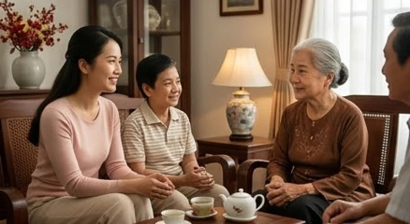 Tử vi tuổi Đinh Hợi 1947 năm 2026: sao hạn và sức khỏe tuổi 80 6 Con cháu quây quần vui vẻ trò chuyện cùng ông bà bên bàn trà phòng khách tạo nên không khí đầm ấm