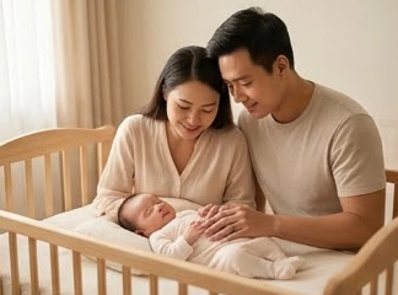Tình duyên tuổi Mão năm 2027: Luận giải 5 nạp âm và lịch cưới 6 Hai vợ chồng trẻ âu yếm ngắm nhìn em bé sơ sinh đang ngủ ngoan trong chiếc nôi gỗ êm ái