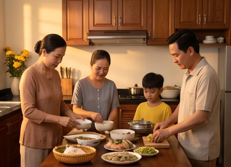 Các thành viên trong gia đình đang quây quần bên nhau chuẩn bị các món ăn truyền thống cho ngày cúng giỗ