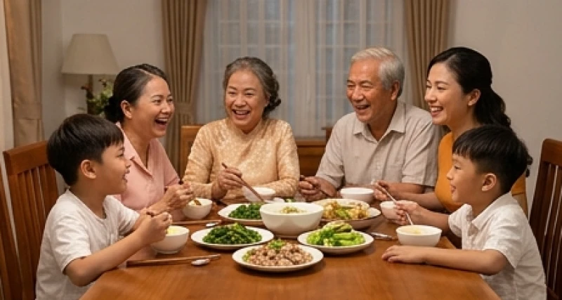 Cả gia đình ba thế hệ quây quần vui vẻ bên mâm cơm cuối năm mang lại nguồn động viên tinh thần lớn cho bậc cao niên
