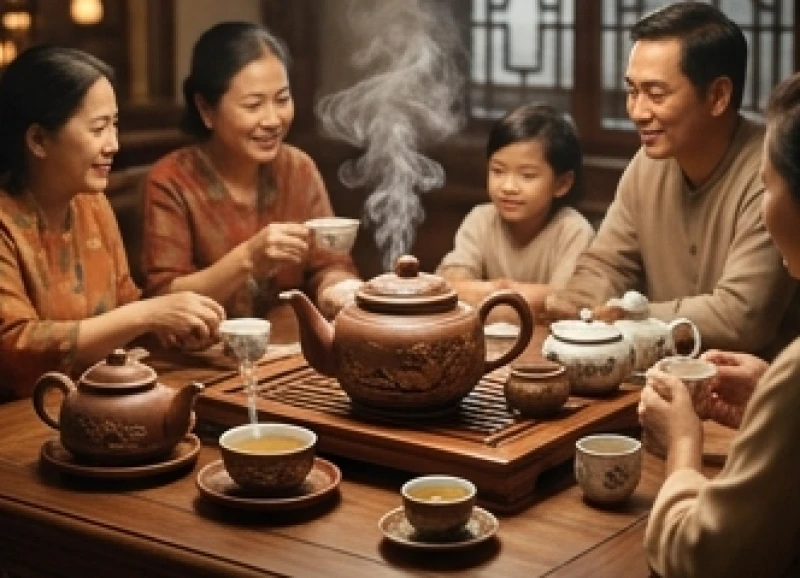 Bàn trà gia đình ấm cúng với những chén trà bốc khói nhẹ trong không gian yên tĩnh
