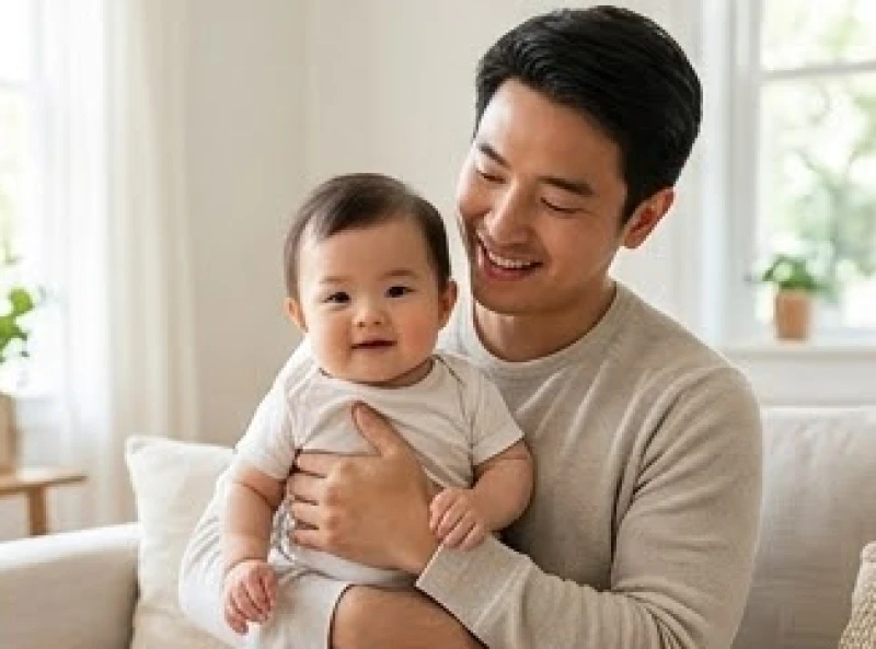 Người cha trẻ mỉm cười bế đứa con nhỏ trên tay thể hiện sự hạnh phúc và gia đạo viên mãn