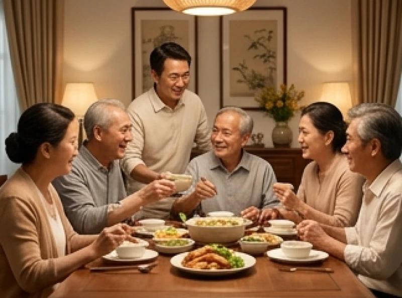 Gia đình nhiều thế hệ quây quần vui vẻ bên mâm cơm ấm cúng thể hiện sự hòa hợp và bình an gia đạo