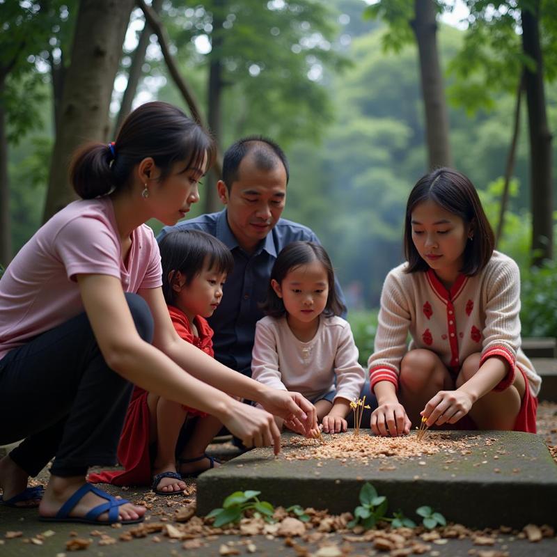 Gia đình sum họp, thắp hương tại mộ