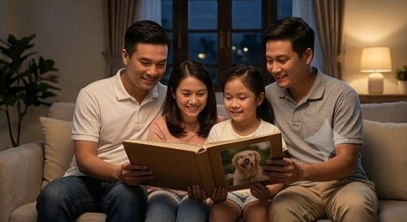 Chó chết trong nhà là điềm gì: Phân biệt điềm báo & cách xả xui 8 Các thành viên trong gia đình ngồi quây quần bên nhau cùng xem lại những bức ảnh kỷ niệm của chú chó