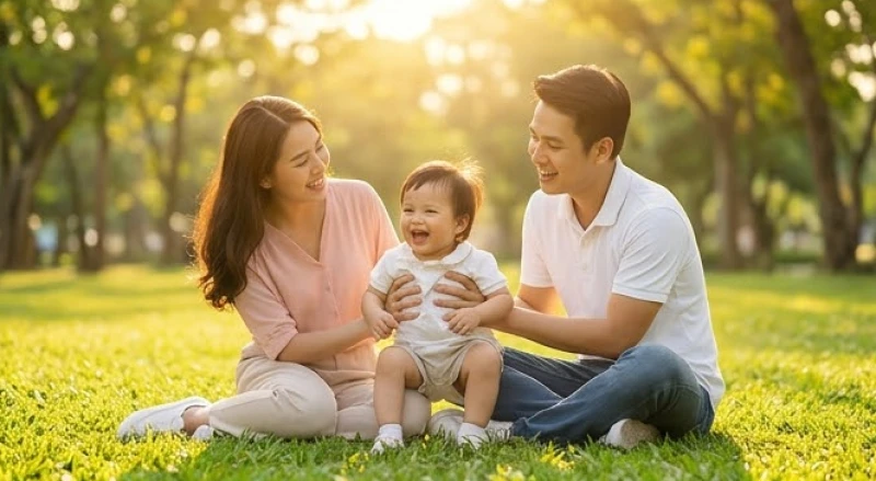 Cả gia đình nhỏ gồm ba mẹ và con cái đang vui đùa hạnh phúc trên thảm cỏ xanh trong công viên