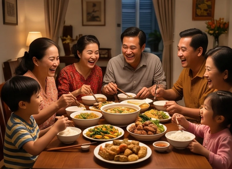 Gia đình Việt Nam quây quần bên mâm cơm tối ấm áp, tiếng cười nói rộn ràng quanh bàn ăn