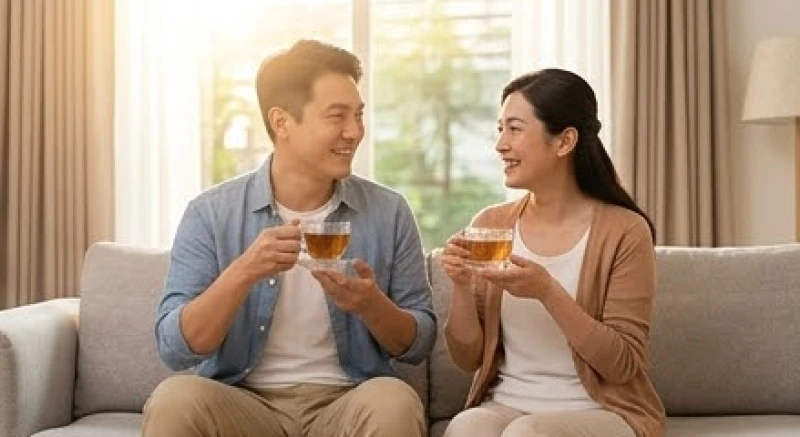 Vợ chồng vui vẻ ngồi uống trà và trò chuyện thân mật trong không gian phòng khách ấm cúng tràn ngập ánh sáng