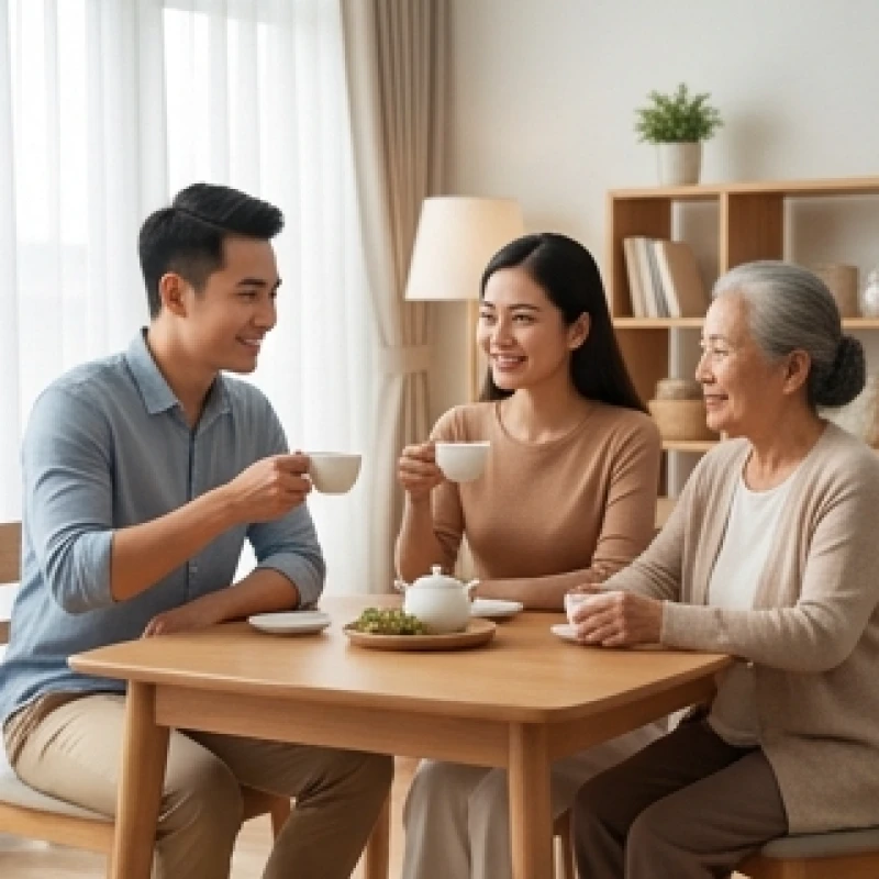 Gia đình nhà vợ và con rể ngồi trò chuyện vui vẻ bên bàn trà sau khi trải qua giấc mộng lành