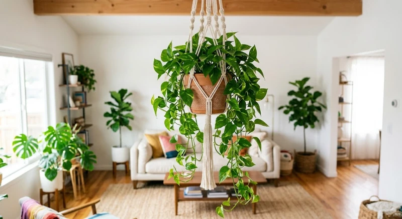 Cây Trồng Trong Nhà Hợp Tuổi Mão: Chọn Cây Râm Mát & Lịch Tưới 12 Chậu cây cảnh được treo cẩn thận trên giá đỡ gắn tường cách xa nền nhà