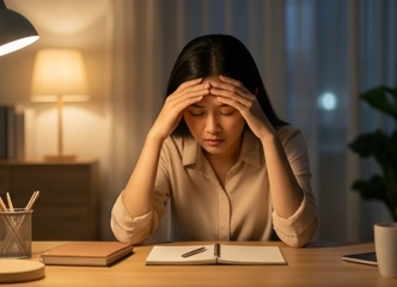 Một người phụ nữ mệt mỏi gục đầu trên bàn làm việc giữa đêm khuya vì kiệt sức