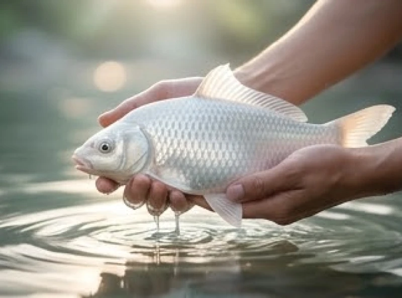Đôi bàn tay đang cẩn thận ôm trọn một con cá trắng lấp lánh dưới ánh nắng mặt trời