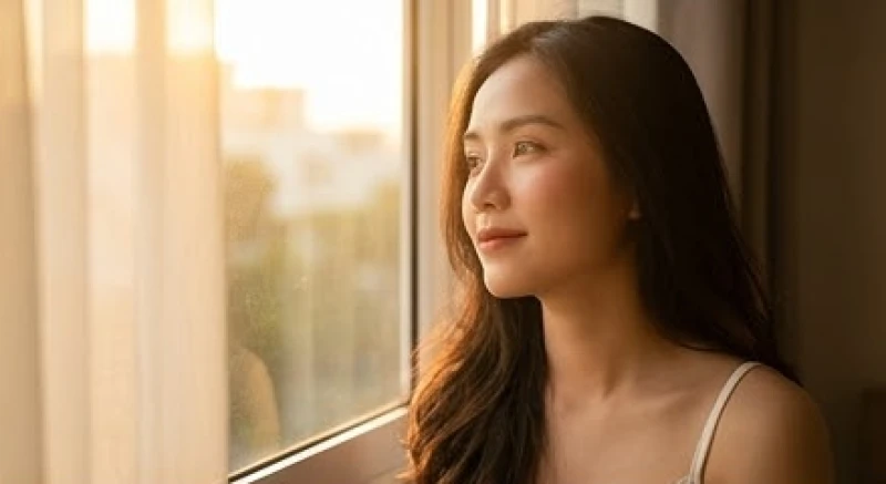 Thiếu nữ thẫn thờ suy nghĩ về người mình thầm thương trộm nhớ bên khung cửa sổ ngập tràn ánh nắng