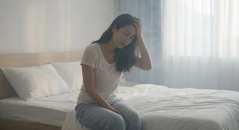 Người phụ nữ mệt mỏi ngồi trên giường sau khi tỉnh dậy từ một giấc mơ căng thẳng