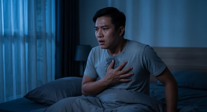 Mơ thấy heo bị chết: Giải mã bối cảnh, điềm báo & cách hóa giải 2 Người đàn ông tỉnh giấc giữa đêm với mồ hôi trên trán và nhịp tim đập nhanh do áp lực công việc