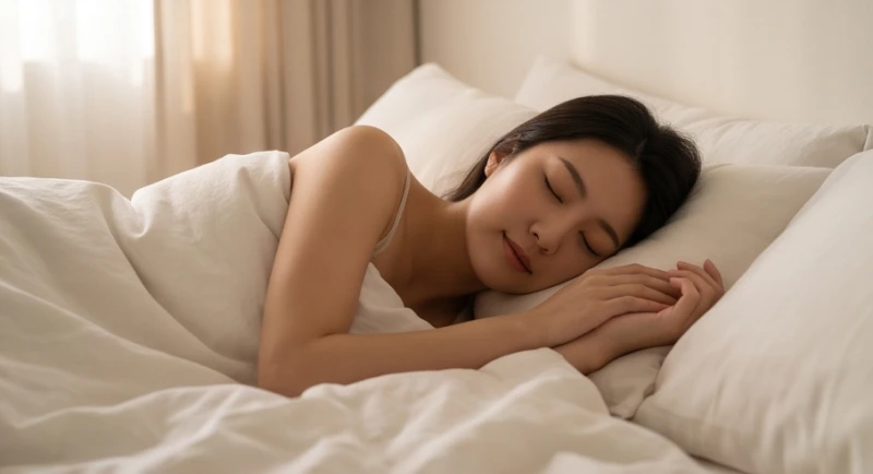 Cô gái trẻ ngủ say sưa trên giường, khuôn mặt thư giãn thể hiện trạng thái bình hòa trong giấc mơ