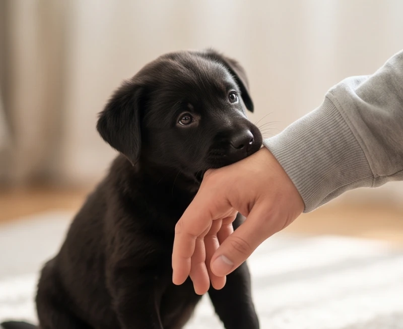 Chú chó nhỏ màu đen đang gặm nhẹ vào tay áo của một người trong khung cảnh mờ ảo