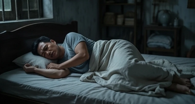 Mơ thấy con giời leo: Điềm báo, sổ mơ và cảnh báo sức khỏe 1 Người đàn ông trằn trọc trên giường ngủ trong không gian tĩnh mốc, phản ánh tâm lý bất an và mệt mỏi