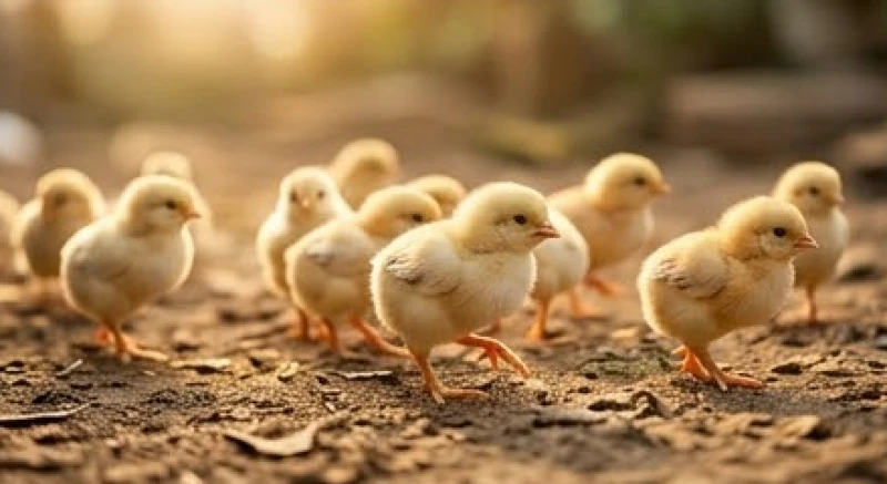 Những chú gà con lông vàng óng ả đang líu ríu chạy theo chân gà mẹ trên nền đất mộc mạc