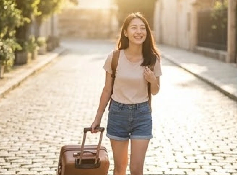 Mơ thấy đi du lịch: Giải mã điềm báo và bảng tra cứu con số 1 Một cô gái mỉm cười hạnh phúc khi kéo vali trên con đường ngập tràn ánh nắng ấm áp