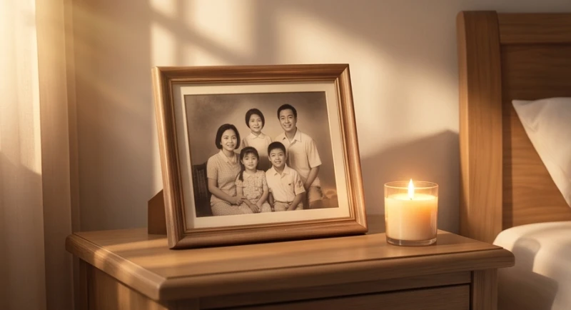 Kỷ vật gia đình truyền thống được đặt cẩn thận trên chiếc bàn gỗ cạnh cửa sổ ngập tràn ánh sáng ban mai ấm áp