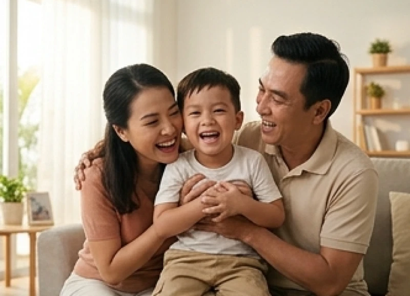 Cậu bé mỉm cười rạng rỡ trong vòng tay cha mẹ tượng trưng cho điềm lành khi chiêm bao