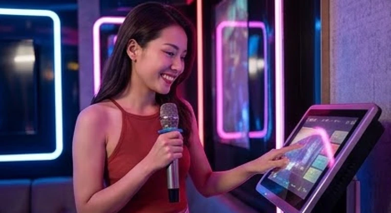 Người phụ nữ tươi cười cầm micro khi mơ thấy hát karaoke cùng bạn bè trong phòng thu