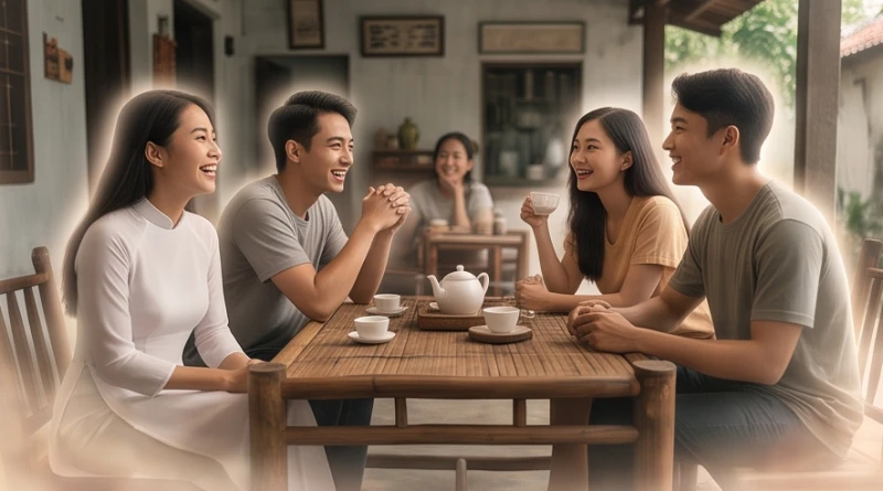 Bối cảnh vui vẻ quây quần bên bàn trà cùng những người bạn cũ được tái hiện sống động trong tiềm thức